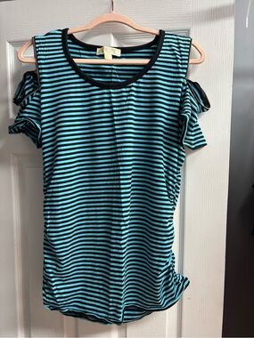 Michael Kors Black & Teal Striped Cold-Shoulder Top